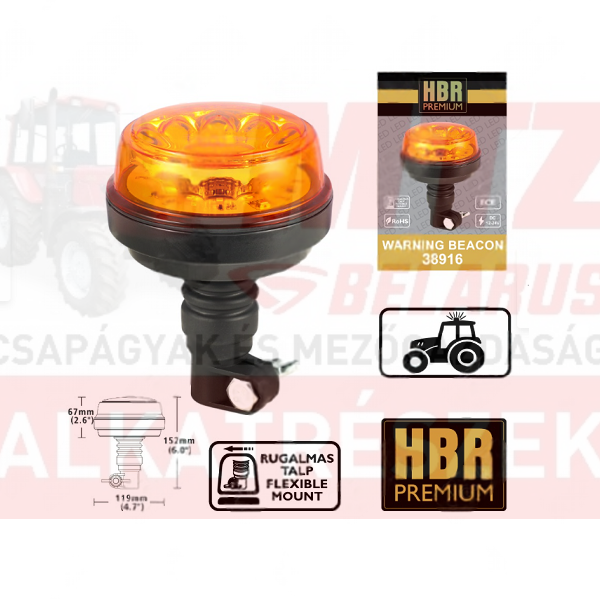 Figyelmeztető fényjelzés sárga villogó E jelzett 12V-24V rugalmas tartócsöves R65 R10 LED